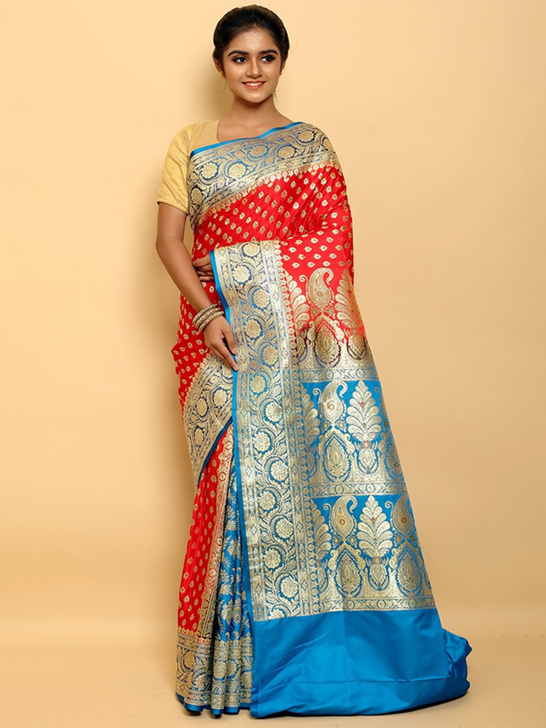 

AllSilks Woven Design Zari Silk Blend Banarasi Saree, Red