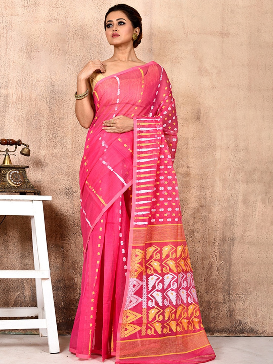 

AllSilks Woven Design Pure Cotton Taant Saree, Pink