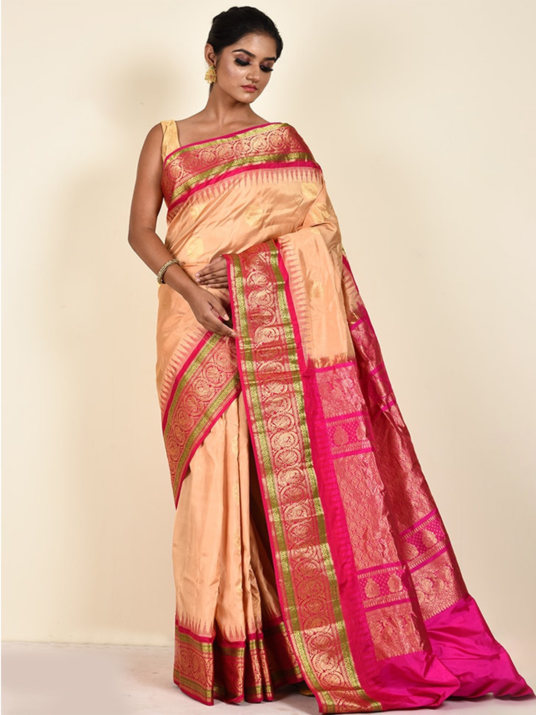 

AllSilks Woven Design Zari Pure Silk Kanjeevaram Saree, Cream