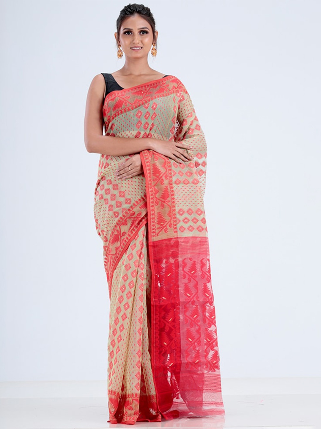 

AllSilks Woven Design Pure Cotton Taant Saree, Cream