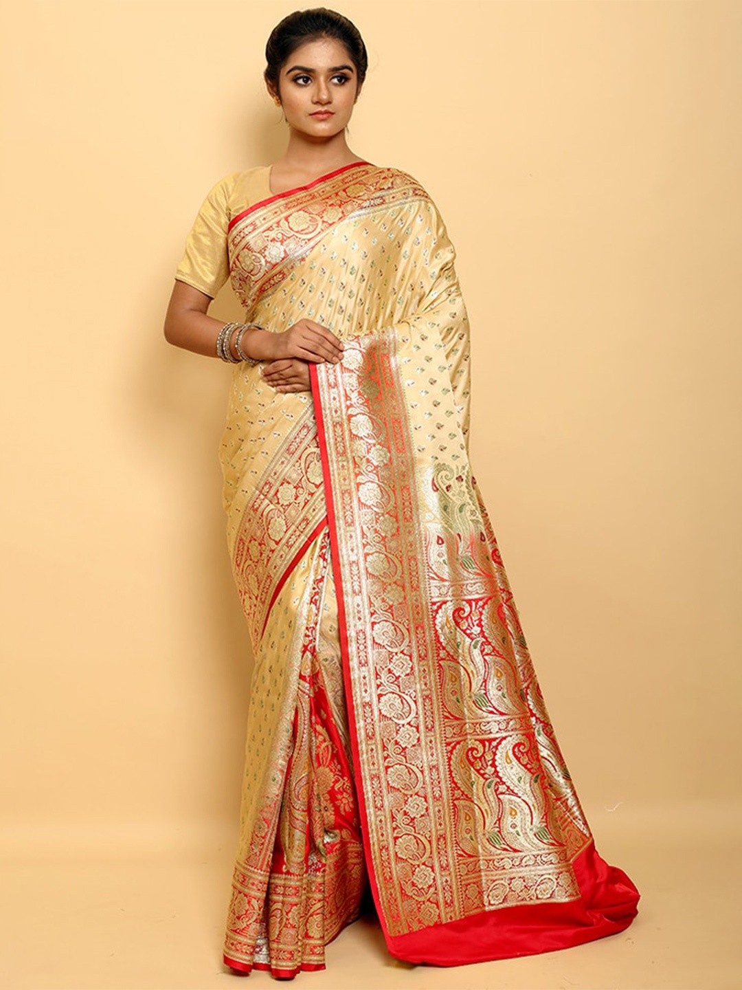 

AllSilks Woven Design Zari Silk Blend Banarasi Saree, Cream