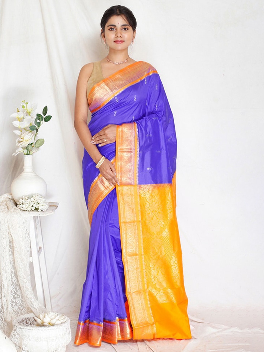 

AllSilks Woven Design Zari Silk Blend Kanjeevaram Saree, Blue