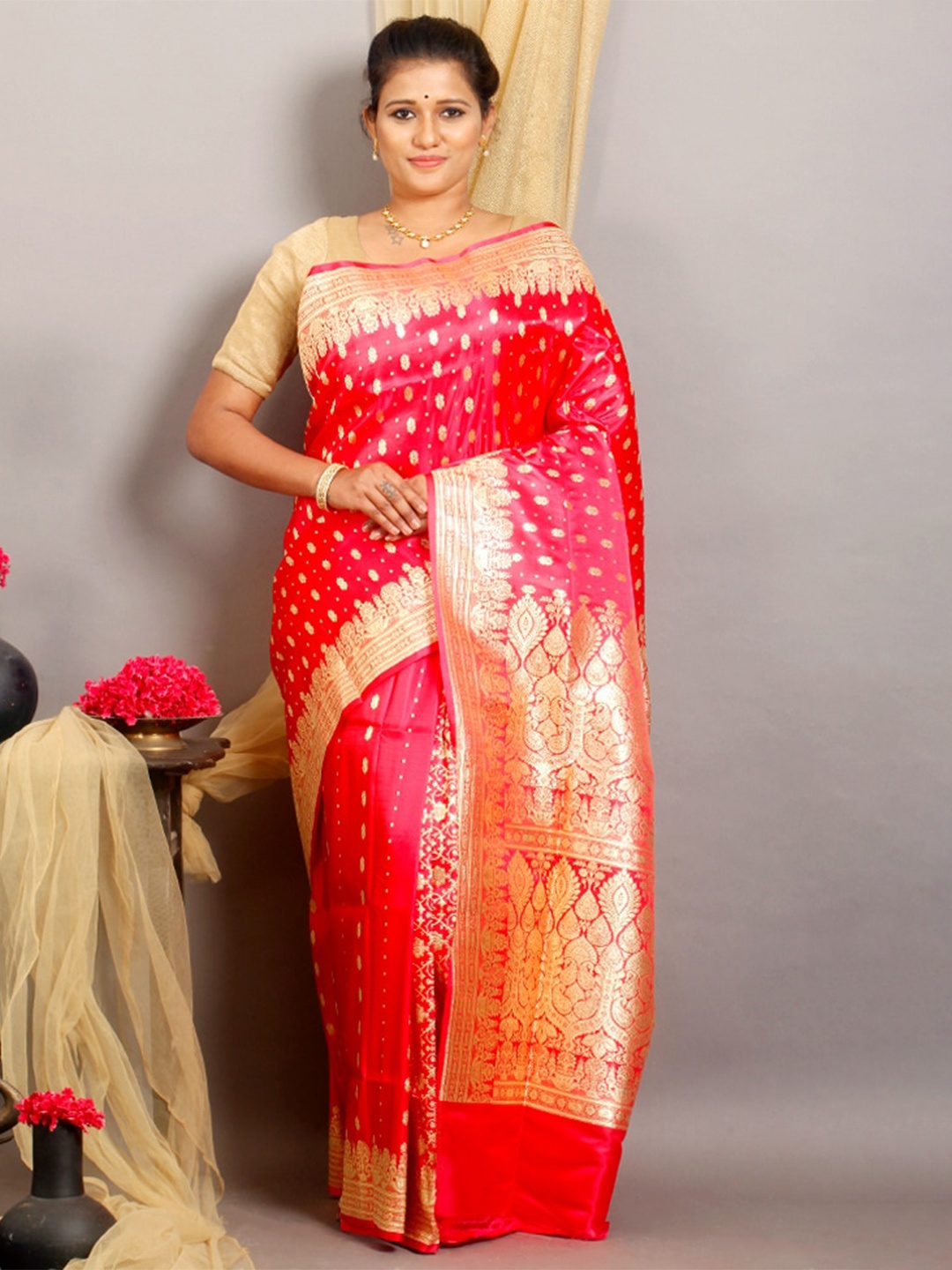 

AllSilks Woven Design Zari Pure Silk Banarasi Saree, Pink