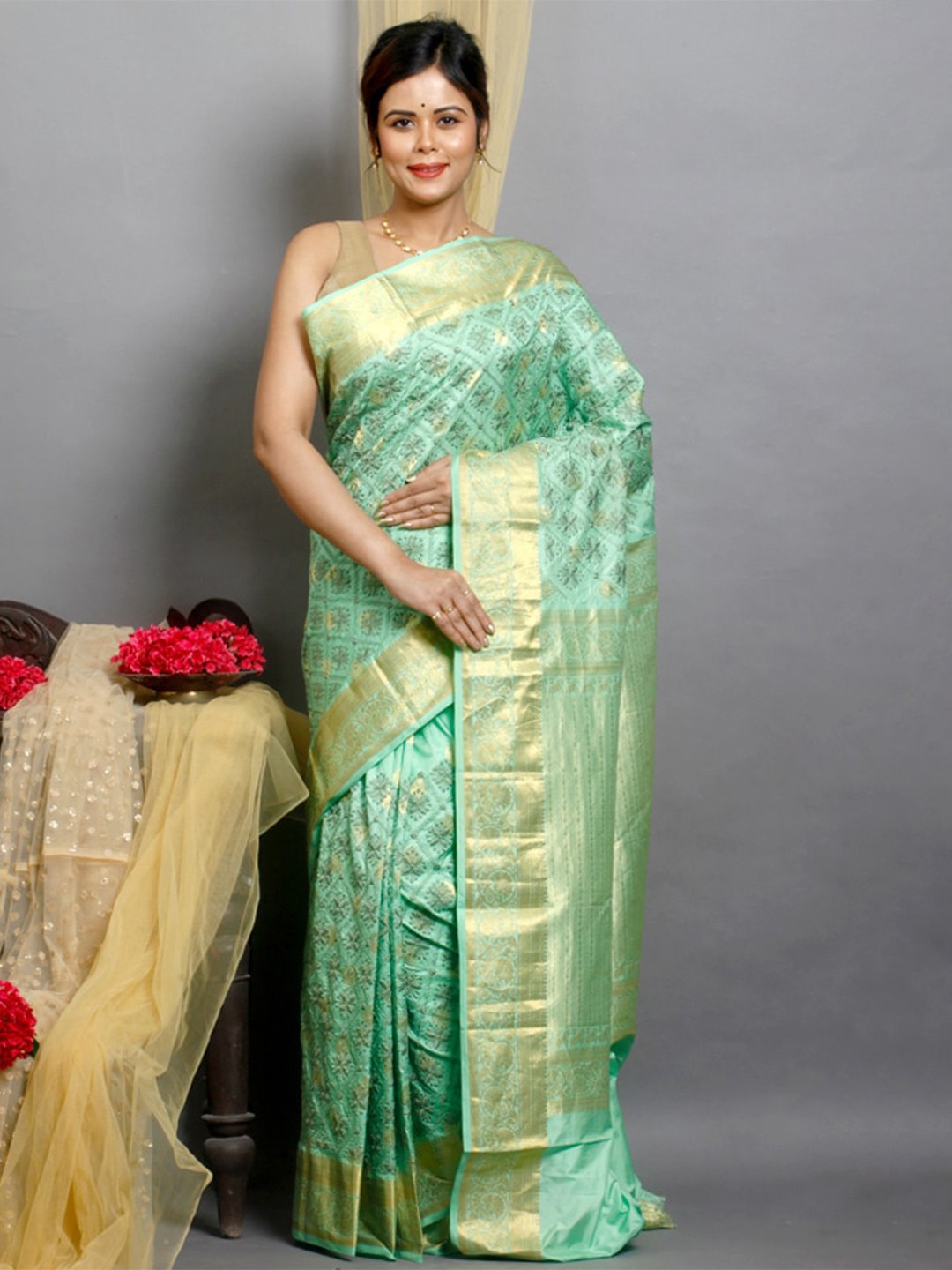 

AllSilks Woven Design Zari Pure Silk Kanjeevaram Saree, Green