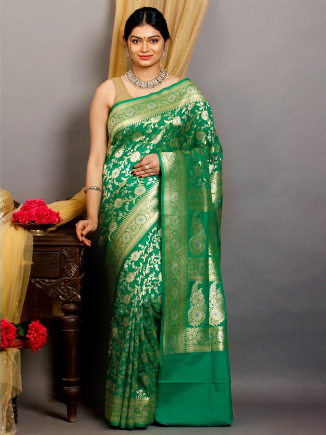 

AllSilks Woven Design Zari Silk Blend Uppada Saree, Green