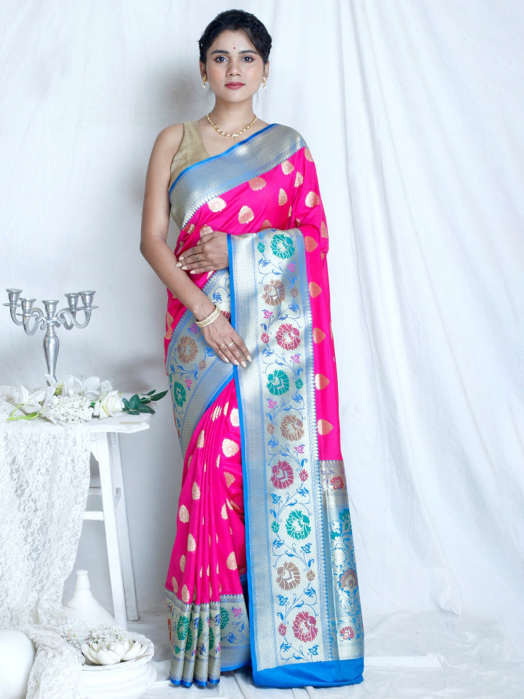 

AllSilks Woven Design Zari Silk Blend Uppada Saree, Pink