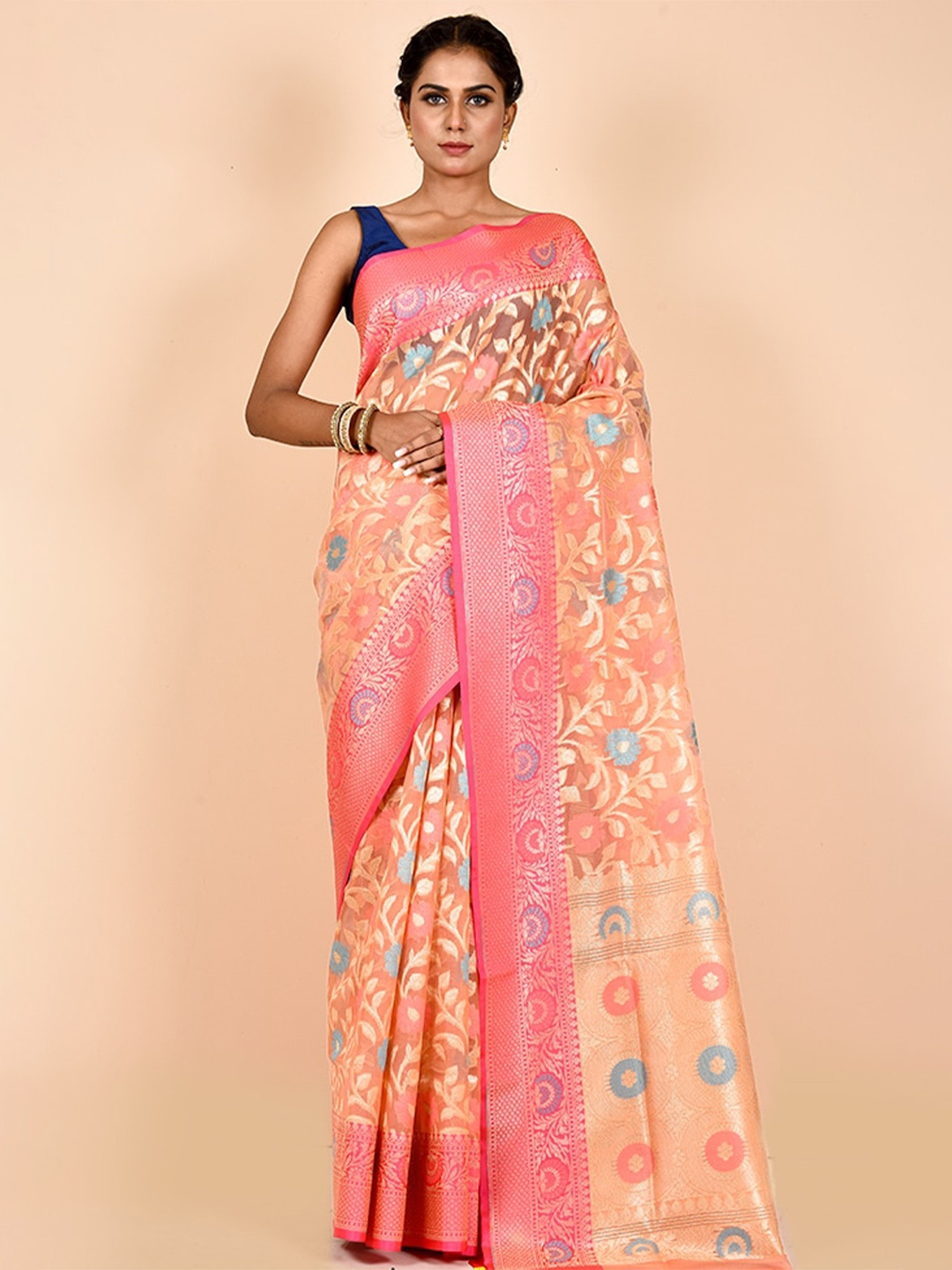

AllSilks Woven Design Zari Silk Blend Saree, Pink