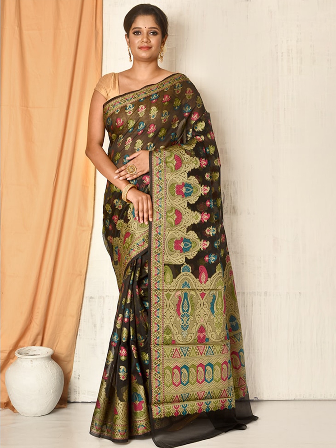 

AllSilks Woven Design Zari Silk Blend Saree, Black