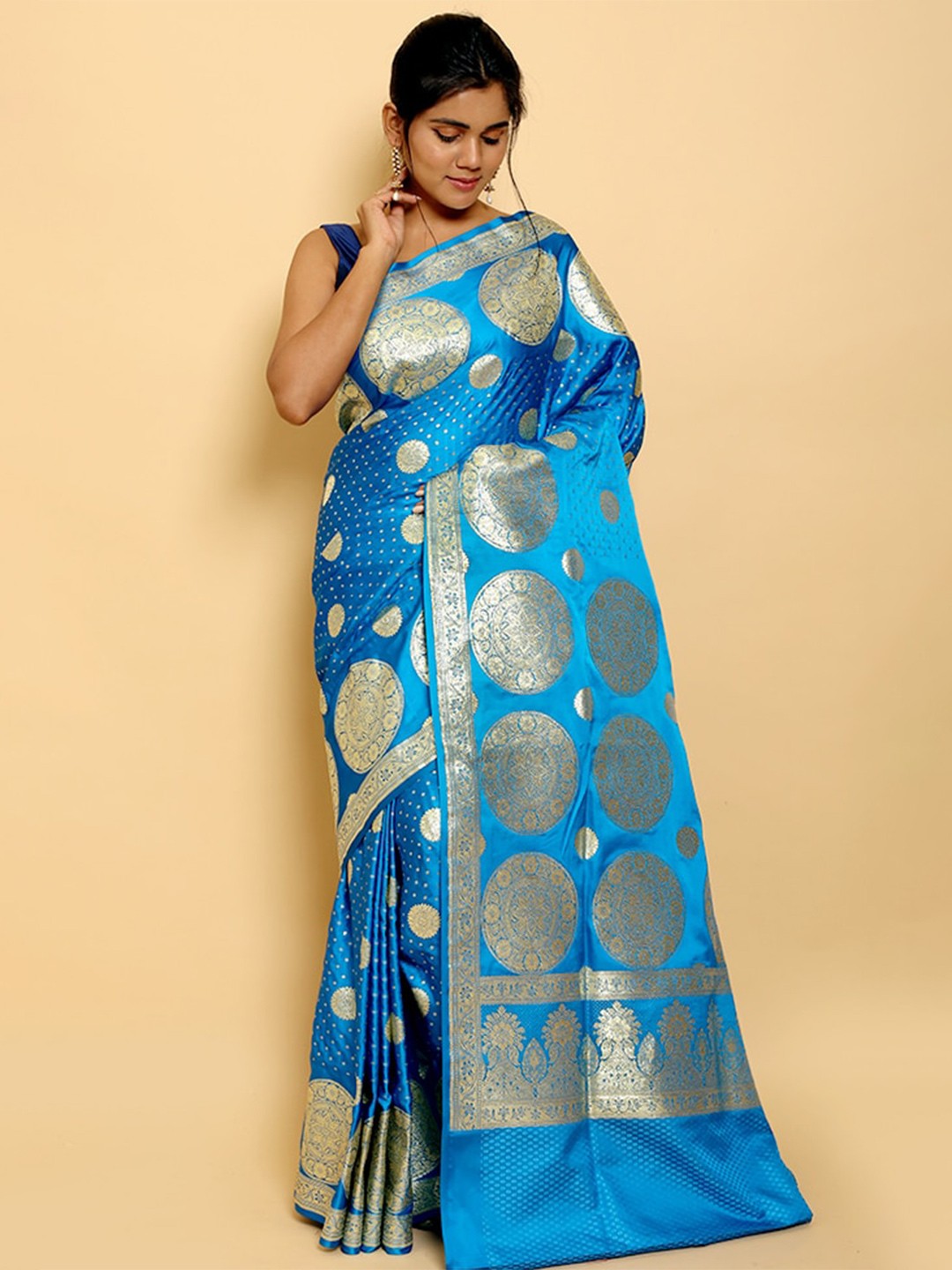 

AllSilks Woven Design Zari Silk Blend Banarasi Saree, Blue