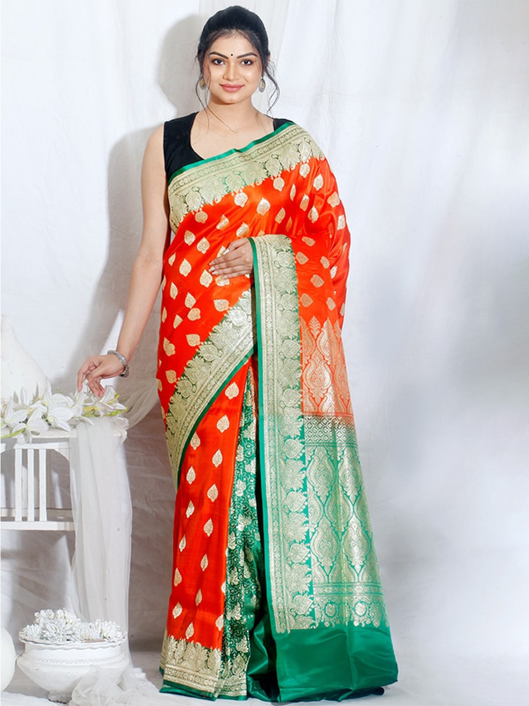 

AllSilks Woven Design Zari Pure Silk Banarasi Saree, Rust