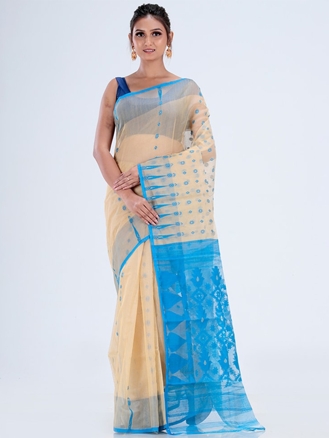 

AllSilks Woven Design Pure Cotton Taant Saree, Cream