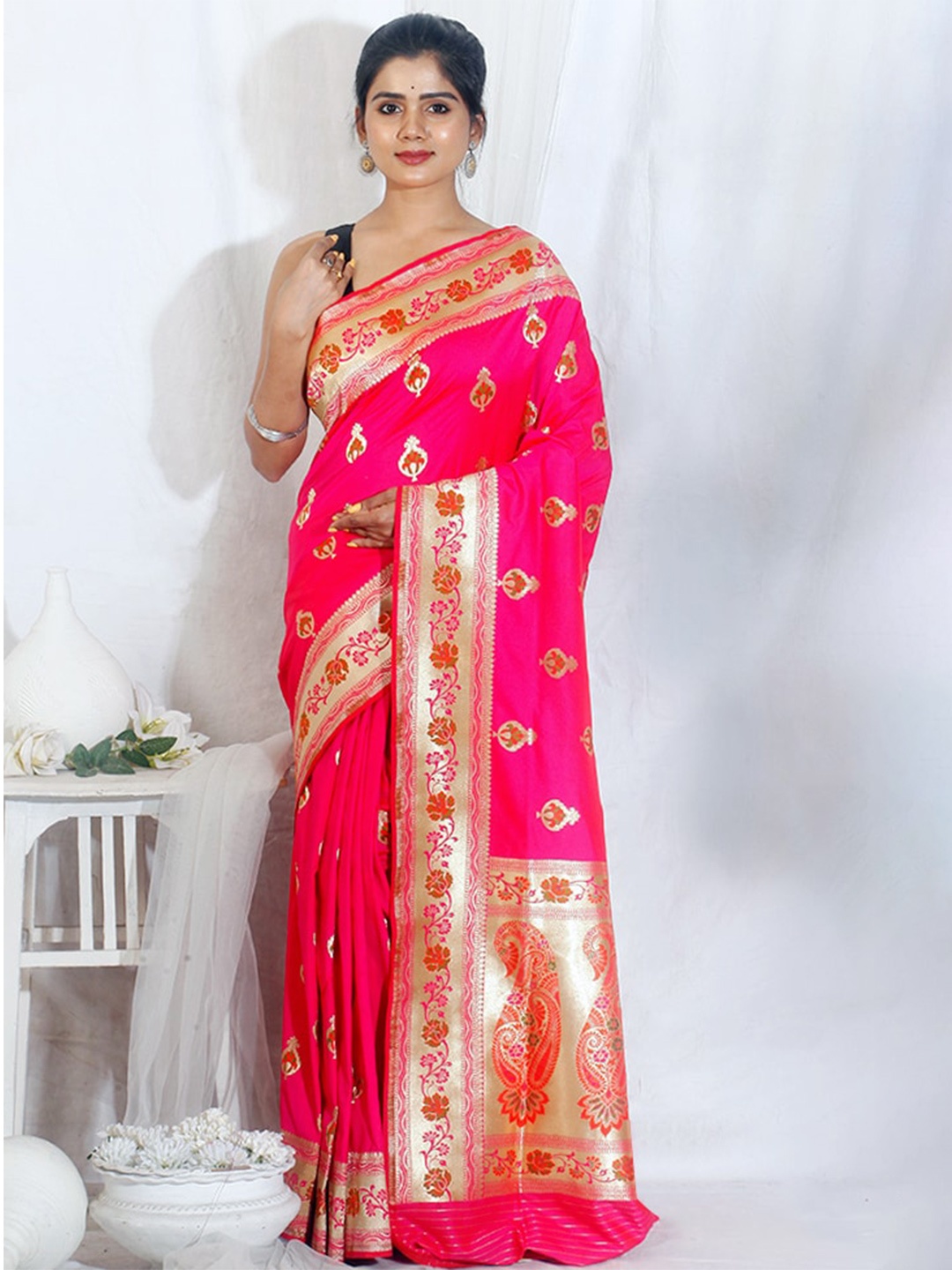 

AllSilks Woven Design Zari Silk Blend Uppada Saree, Pink
