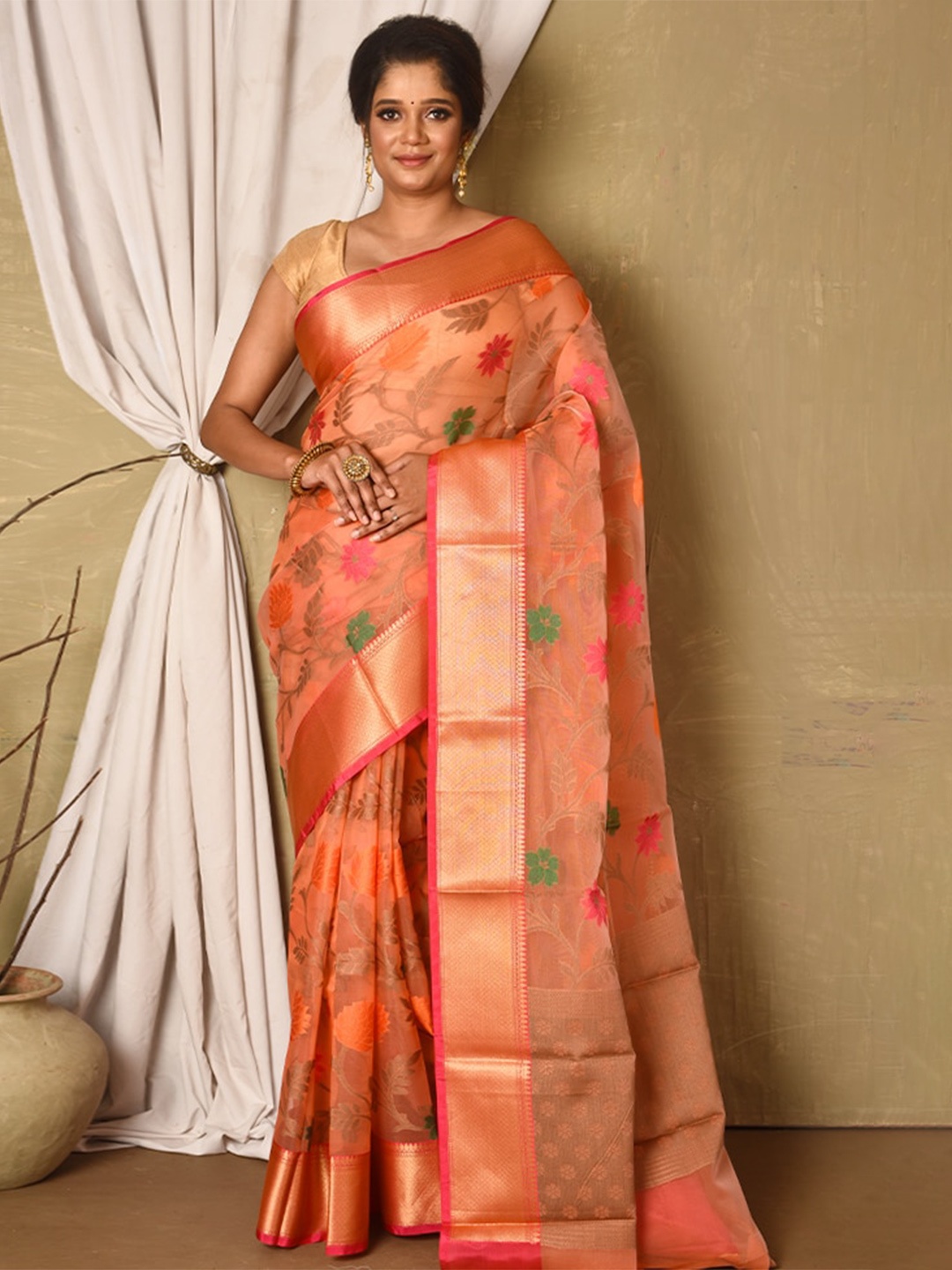 

AllSilks Woven Design Zari Silk Blend Saree, Peach