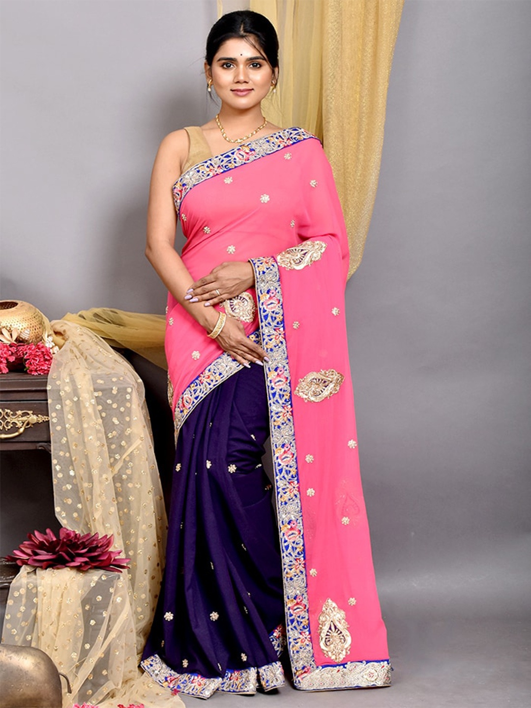 

AllSilks Ethnic Motifs Embroidered Silk Blend Saree, Pink