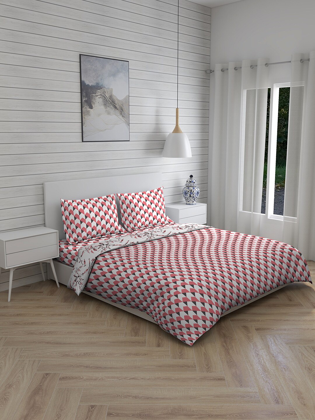 

Layers Geometric Printed Cotton Double Queen Bedding Set, Pink