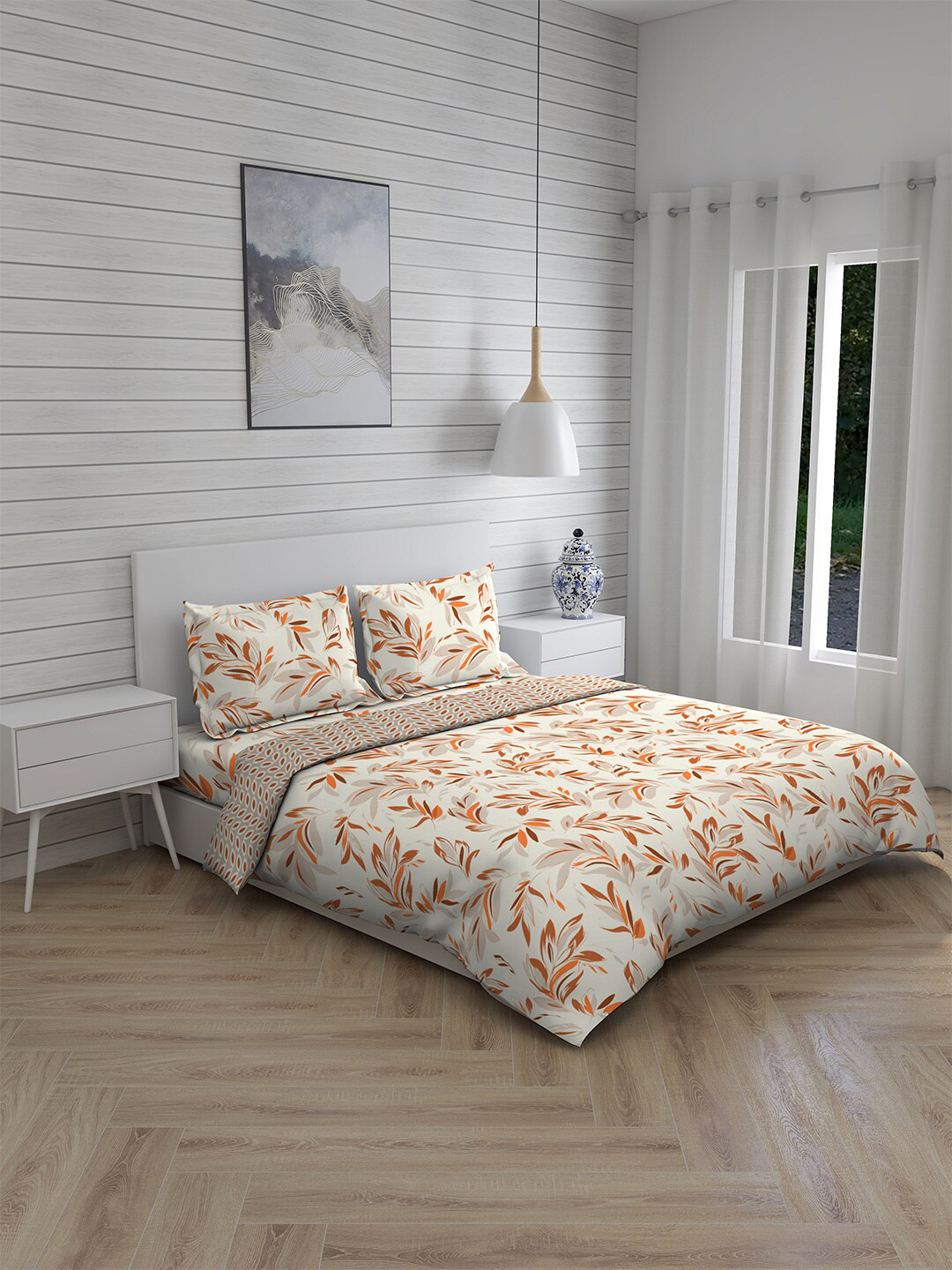 

Layers Floral Printed Cotton Double Queen Bedding Set, White