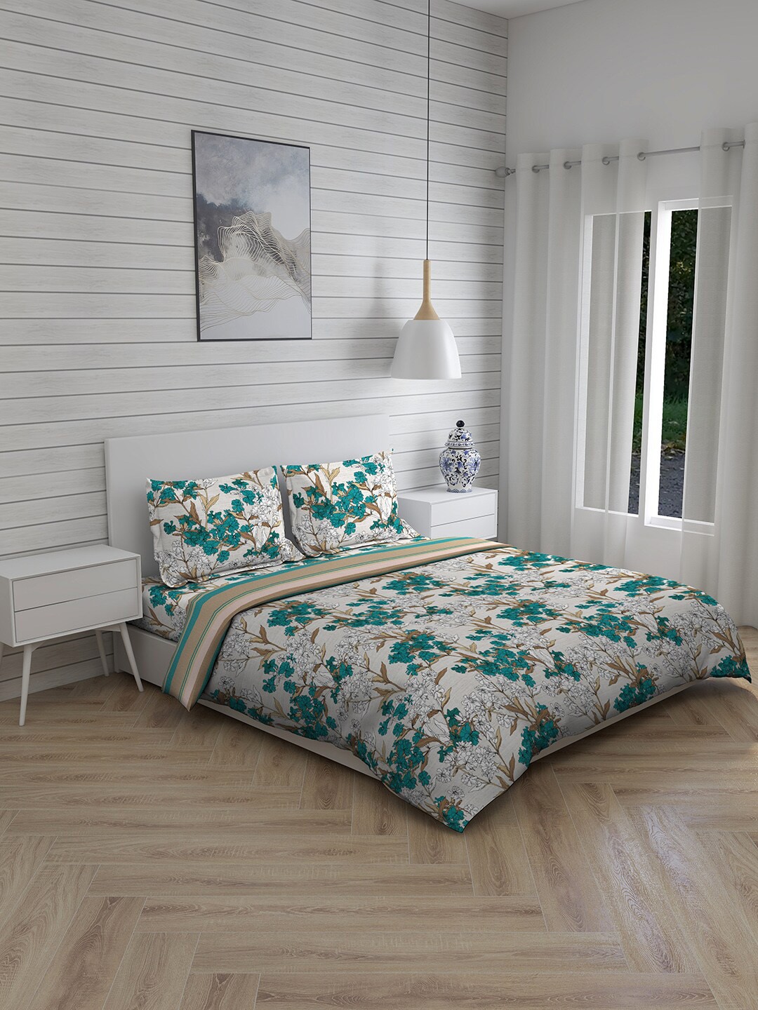 

Layers Floral Printed Cotton Double Queen Bedding Set, Green