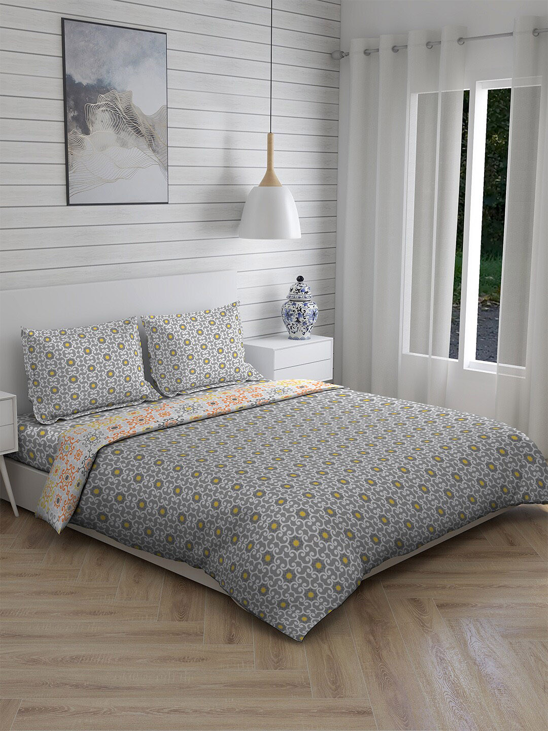 

Layers Firenze Ethnic Printed Cotton Double Queen Bedding Set, Grey