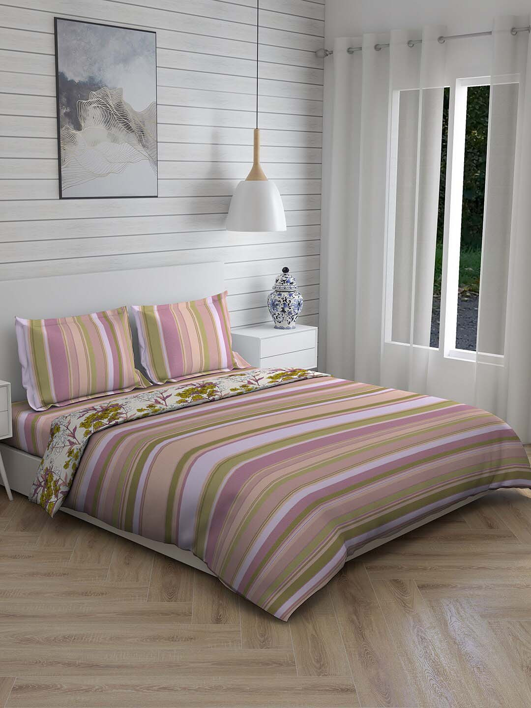 

Layers Peach & Green Striped Pure Cotton Double Queen Bedding Set