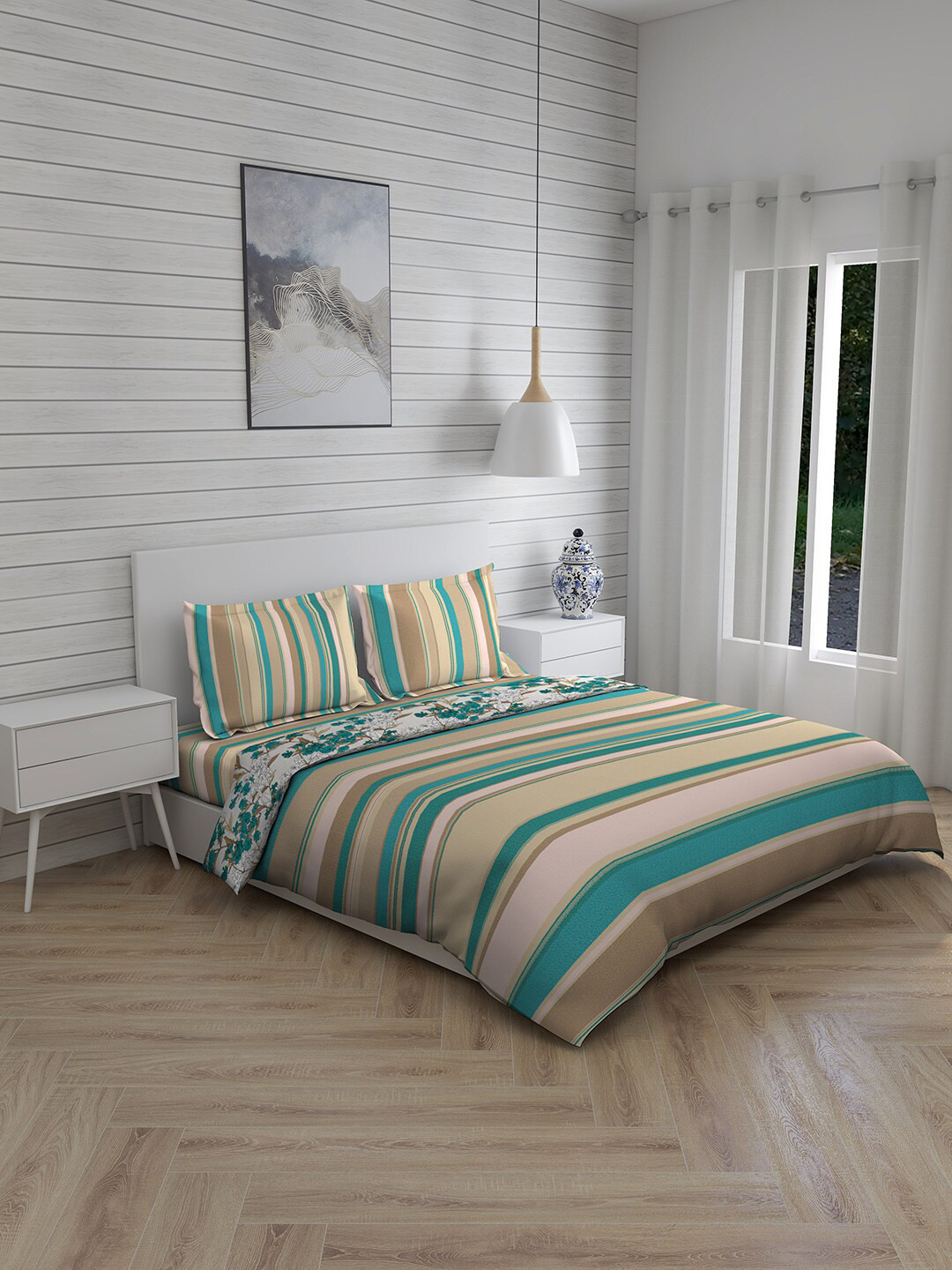 

Layers Lumina Green & Beige Striped Printed Cotton Double King Bedding Set