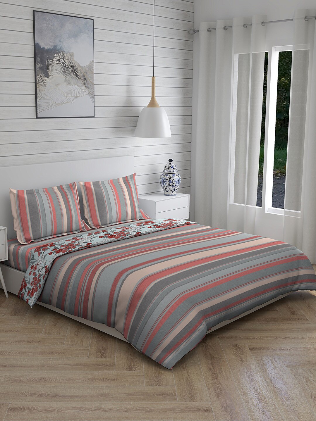 

Layers Striped Double Queen Cotton Bedding Set, Grey
