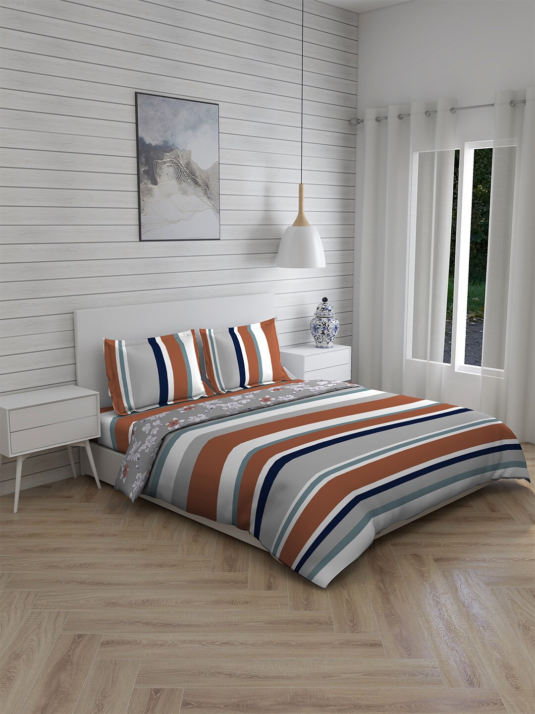 

Layers Grey & Red Striped Cotton Double King Bedding Set
