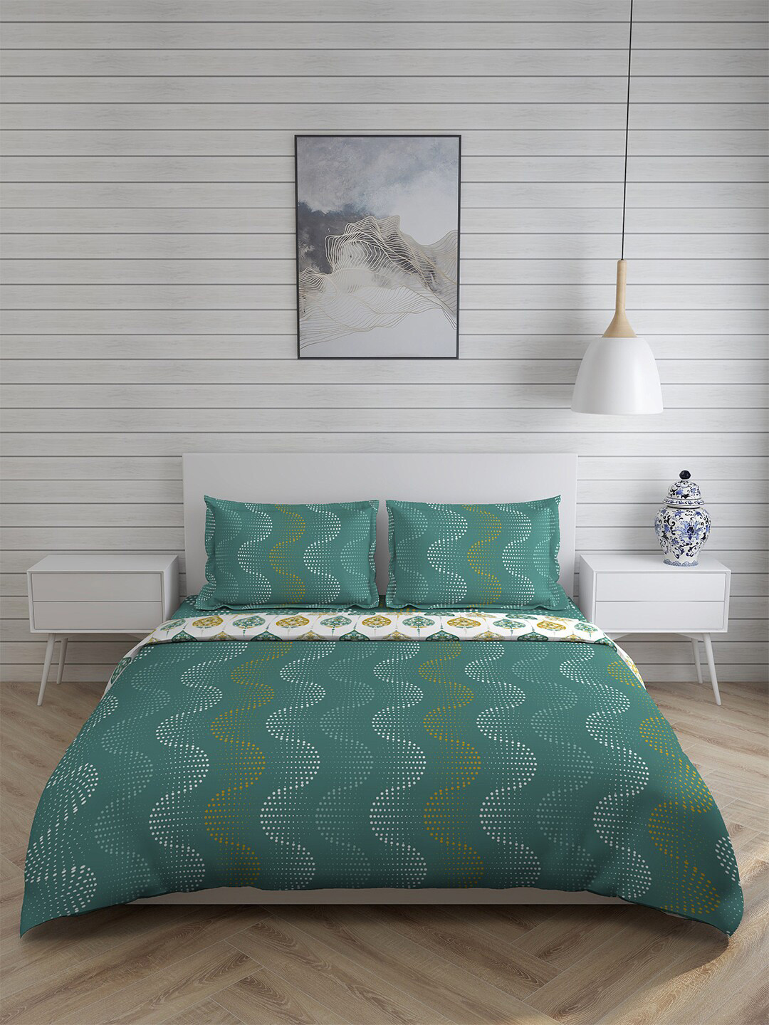 

Layers Bologna Green & White Printed Double King Cotton Bedding Set