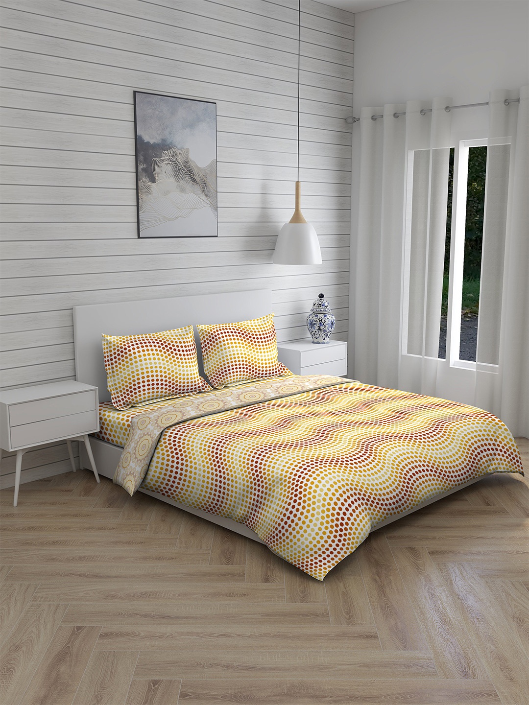 

Layers Firenze Beige & Yellow Printed Cotton Double Queen Bedding Set