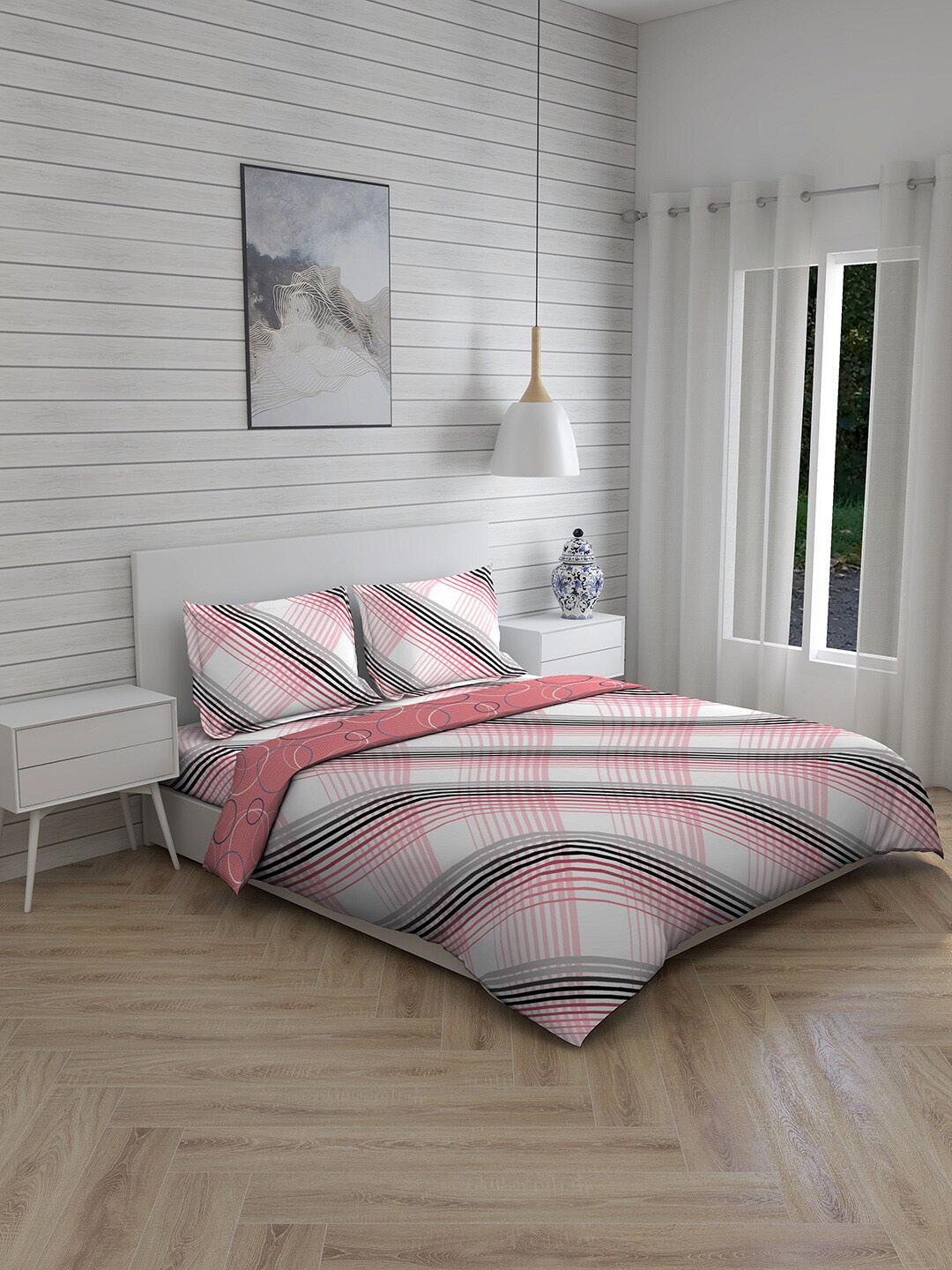 

Layers Lumina Pink Striped Double Queen Size Cotton Bedding Set