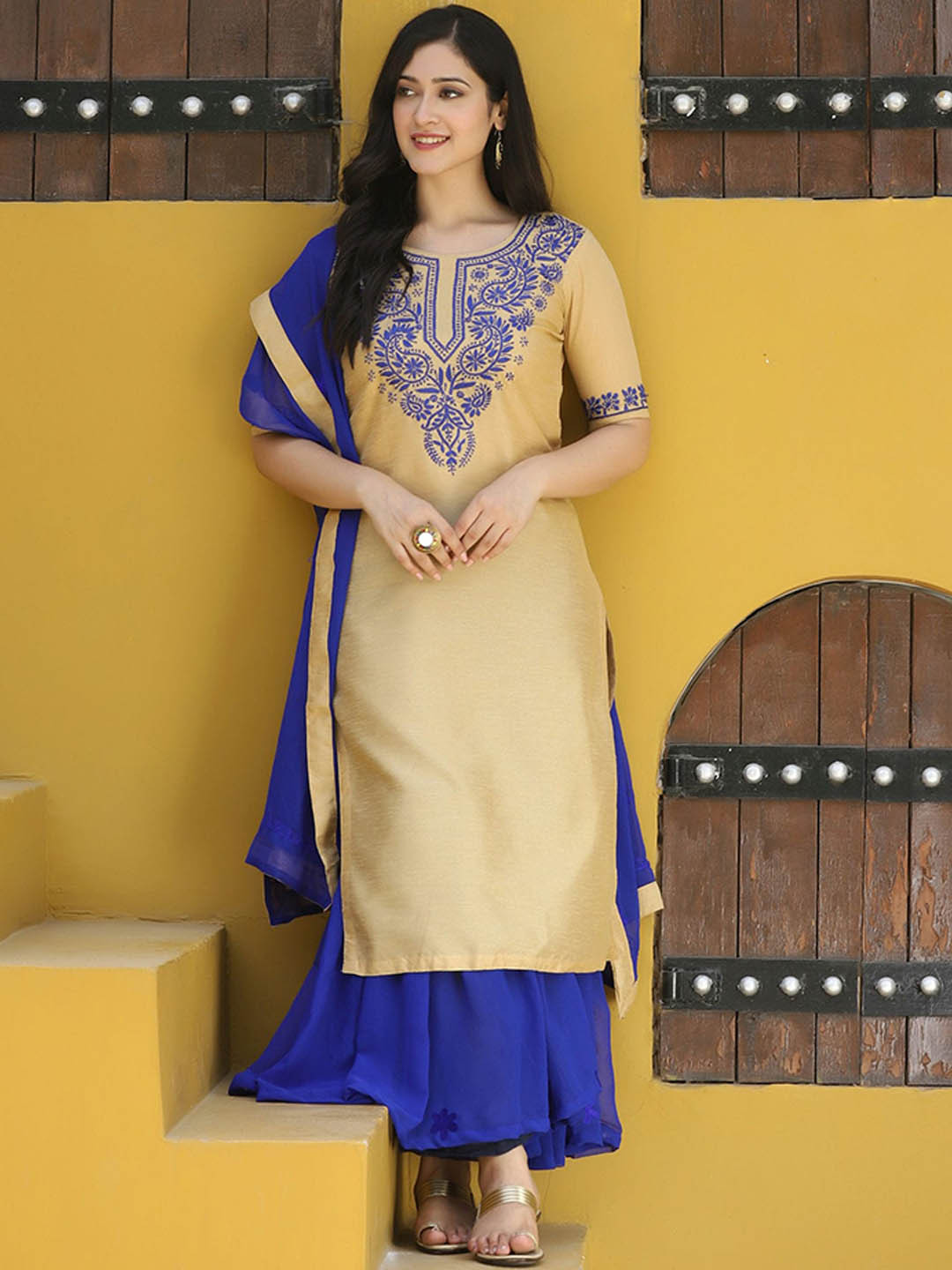 

SHADES Women Floral Yoke Design Thread Work Kurta With Sharara & Dupatta, Brown