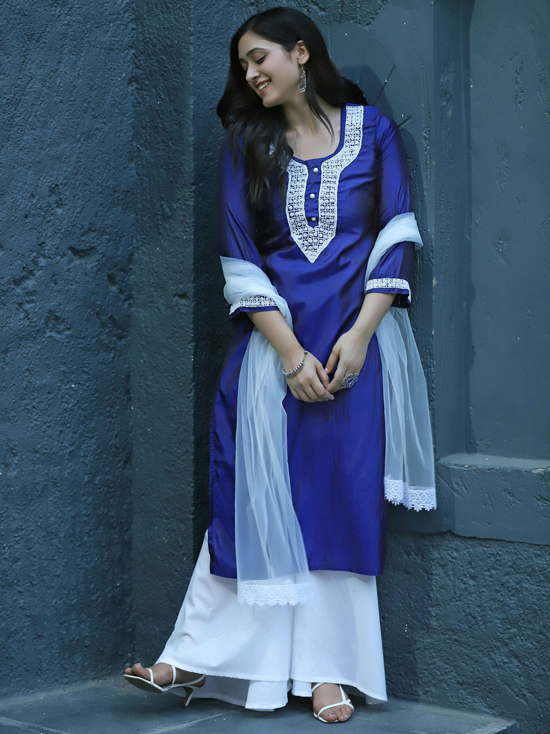 

SHADES Women Embroidered Beads and Stones Pure Cotton Kurta With Palazzos & Dupatta, Blue