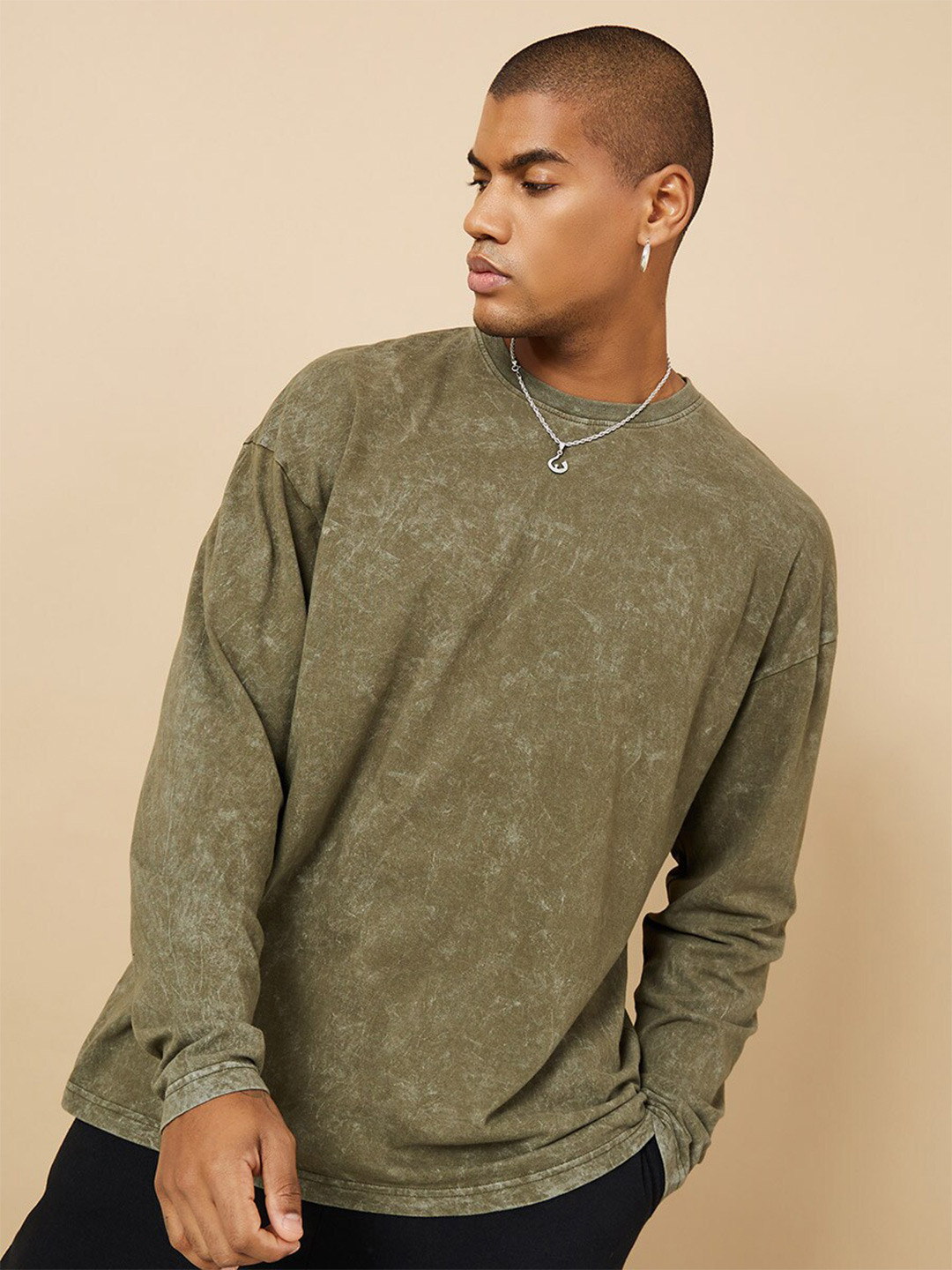 

Styli Acid Wash Oversized Long Sleeves T-shirt, Olive