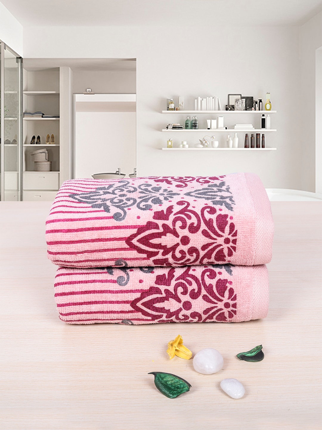 

RANGOLI Emperial Pink & Grey Pack Of 2 Printed Pure Cotton 450 GSM Towel Set