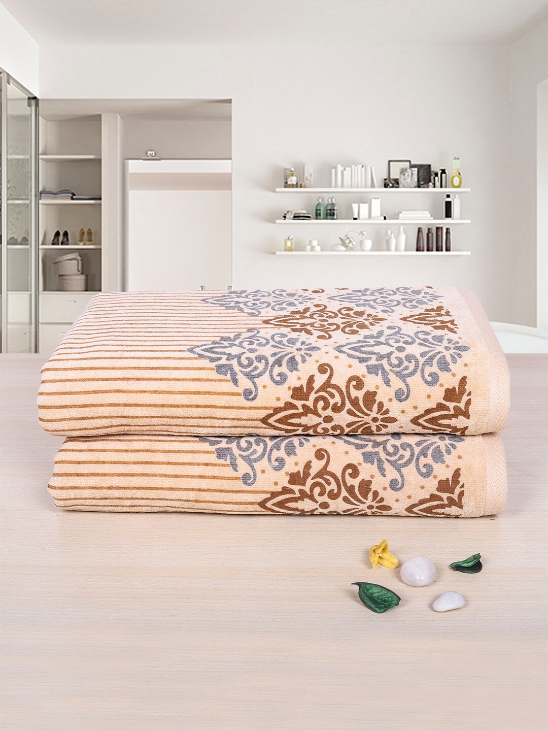 

RANGOLI Emperial Beige Set Of 2 Printed Pure Cotton 450 GSM Towel Set