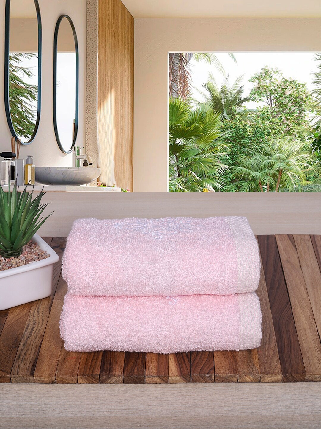 

RANGOLI 2 Pcs Organic Bamboo 600 GSM Hand Towels, Pink