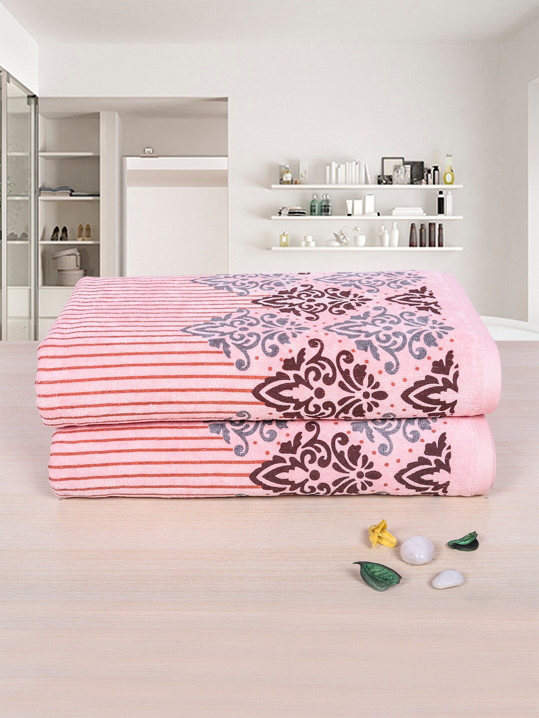 

RANGOLI 2 Pcs Printed Pure Cotton Bath Towel, Pink
