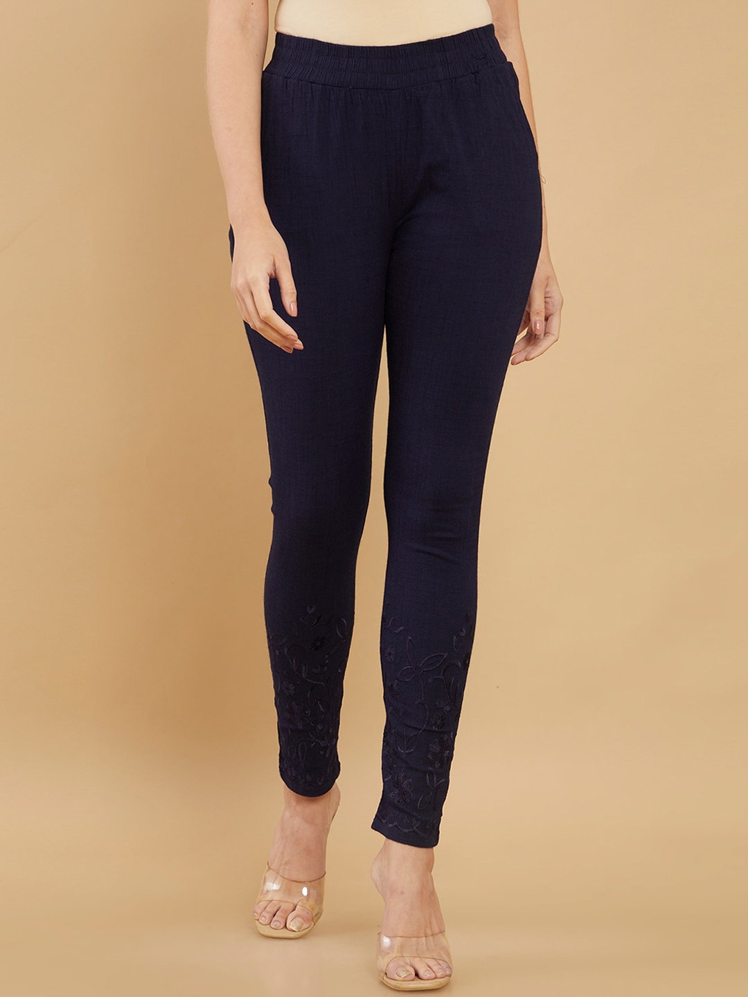 

Soch Women Textured Slim Fit High-Rise Easy Wash Culottes Trousers, Navy blue