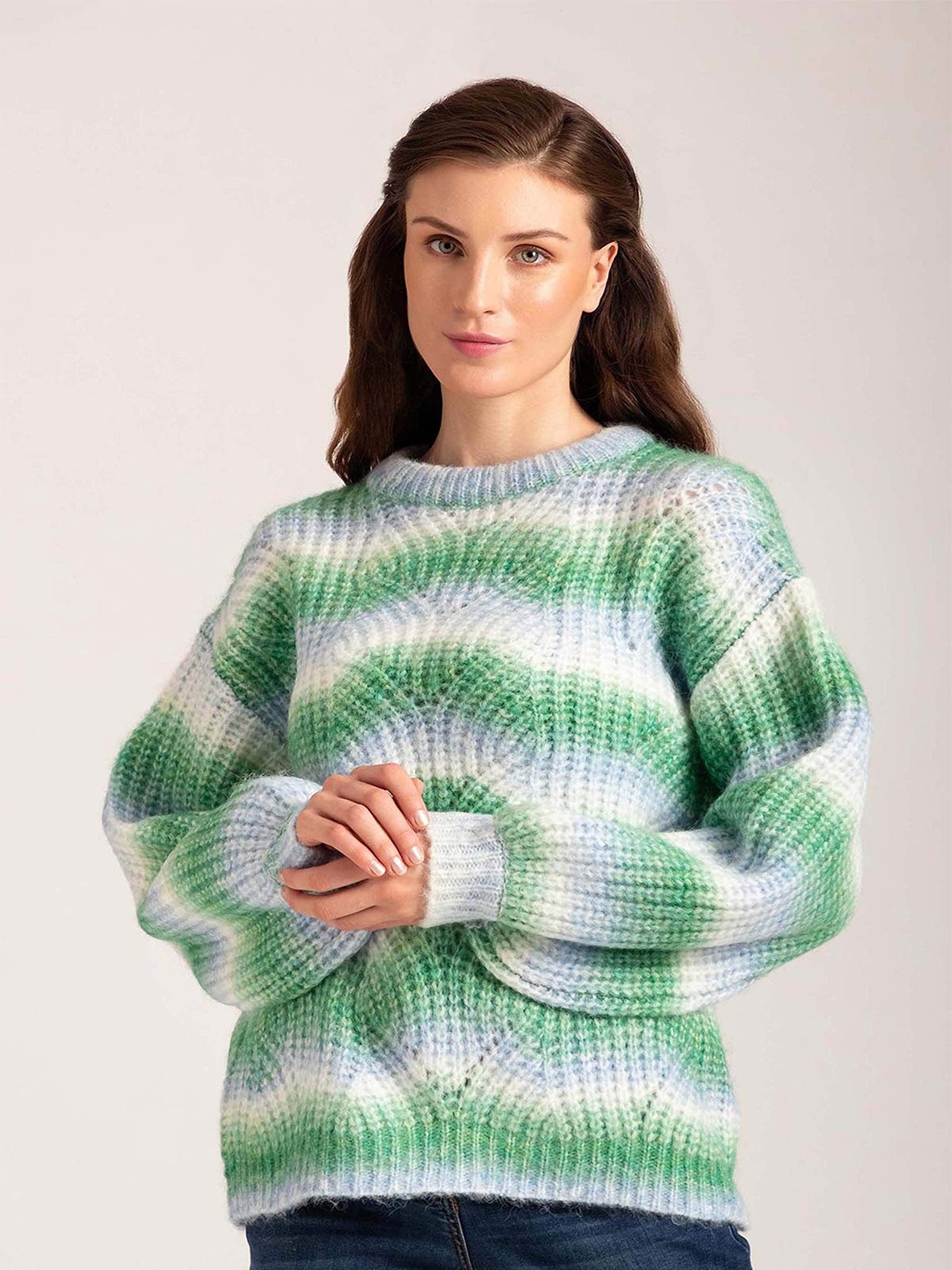 

B Copenhagen Colourblocked Wool Pullover with Fuzzy Detail, Green