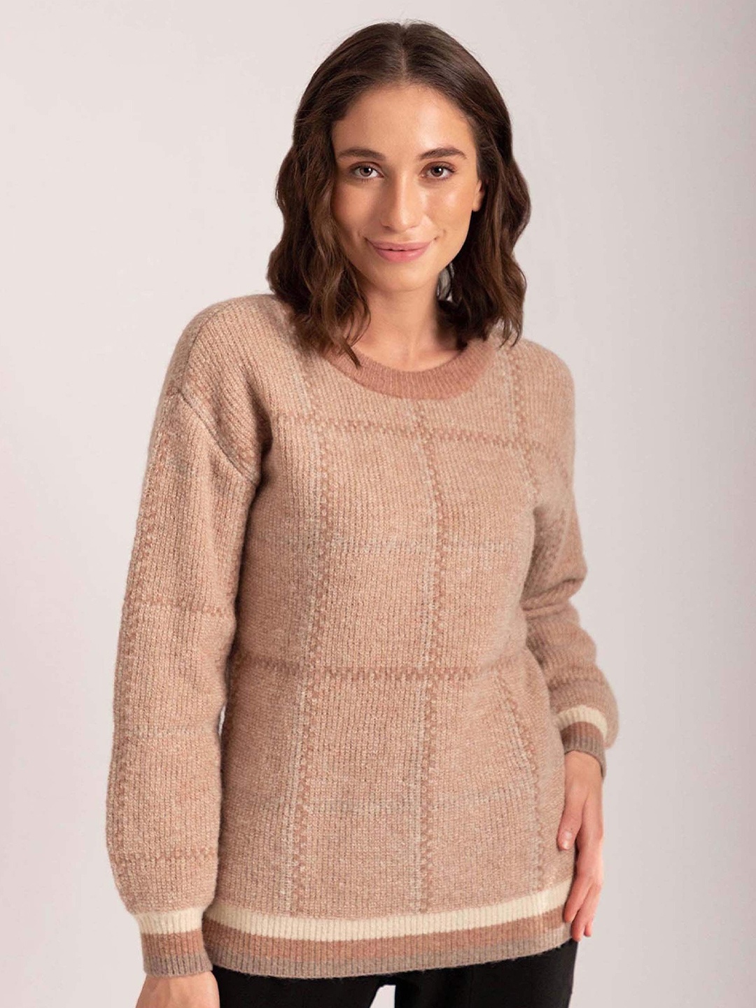 

B Copenhagen Checked Wool Pullover with Fuzzy Detail, Beige