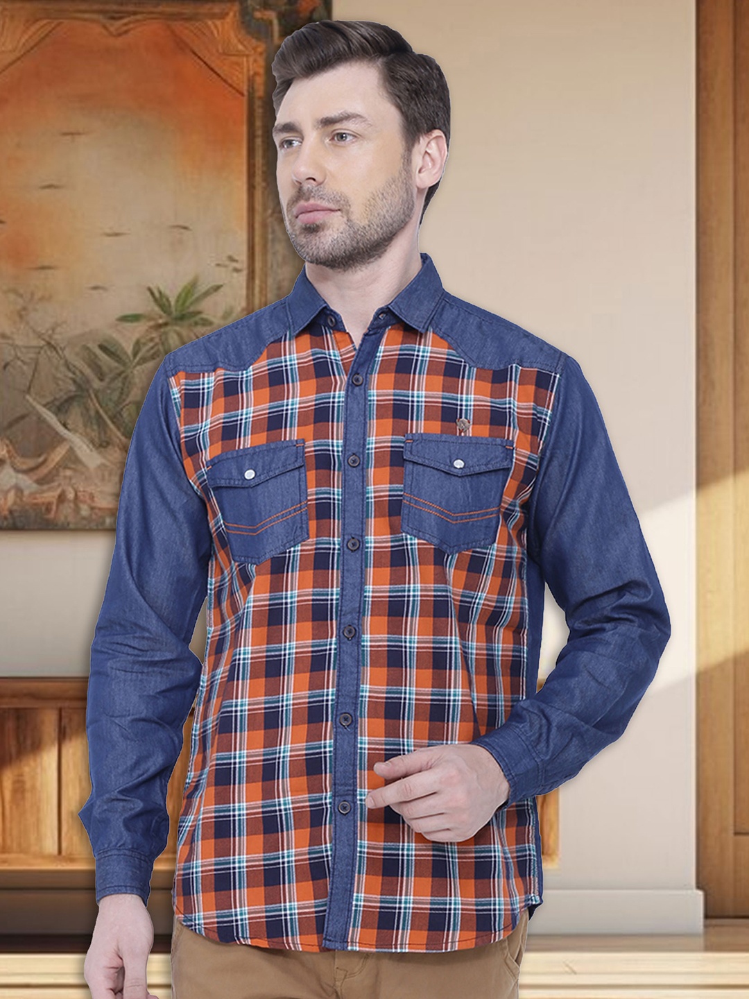 

Kuons Avenue Men Smart Slim Fit Checked Casual Shirt, Orange