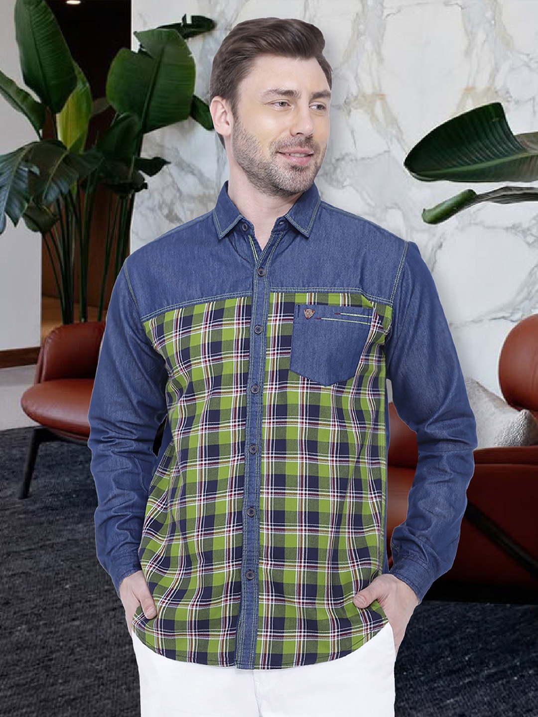 

Kuons Avenue Men Smart Slim Fit Checked Casual Cotton Shirt, Green