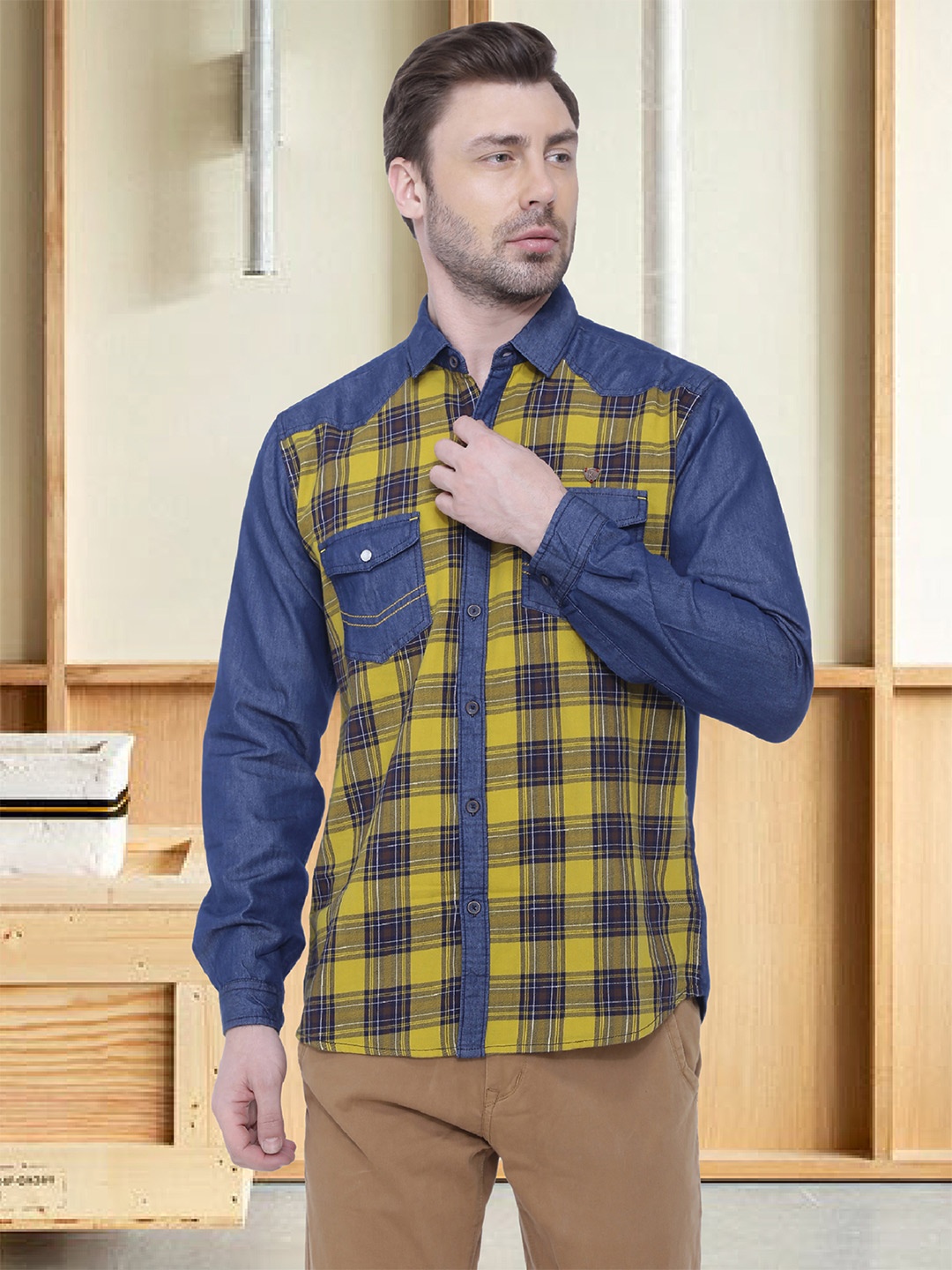 

Kuons Avenue Men Smart Slim Fit Checked Casual Shirt, Yellow