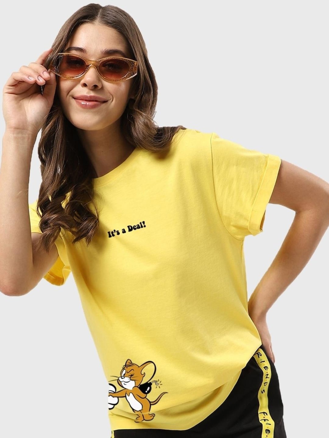 

Bewakoof Women Printed Extended Sleeves Pure Cotton T-shirt, Yellow