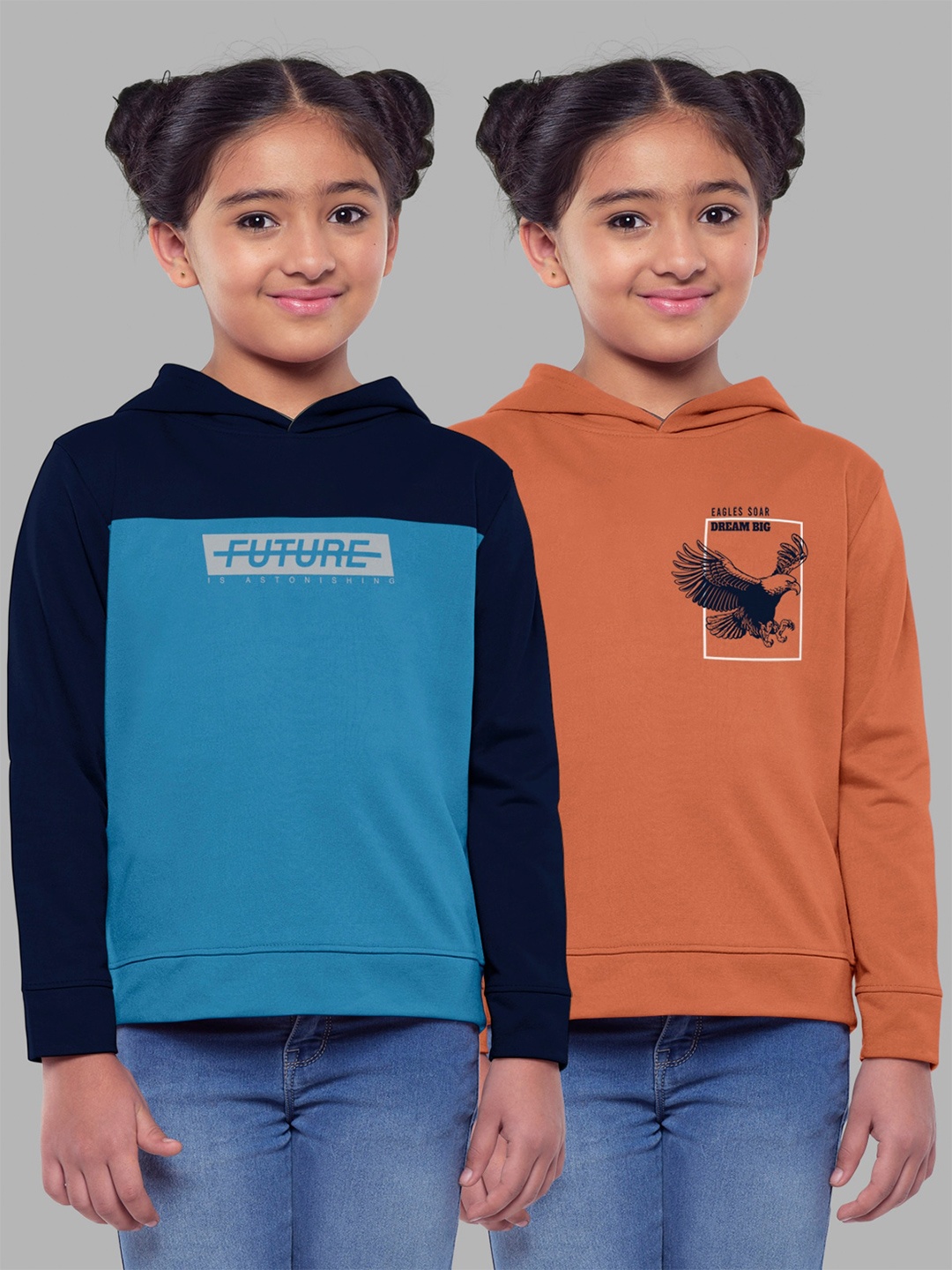 

HELLCAT Girls Pack Of 2 Printed Hooded Cotton Sweatshirt, Navy blue