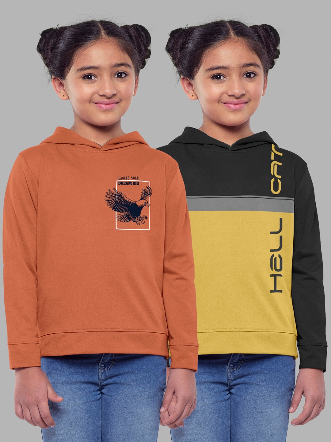 

HELLCAT Girls Pack Of 2 Printed Hooded Cotton Sweatshirt, Rust