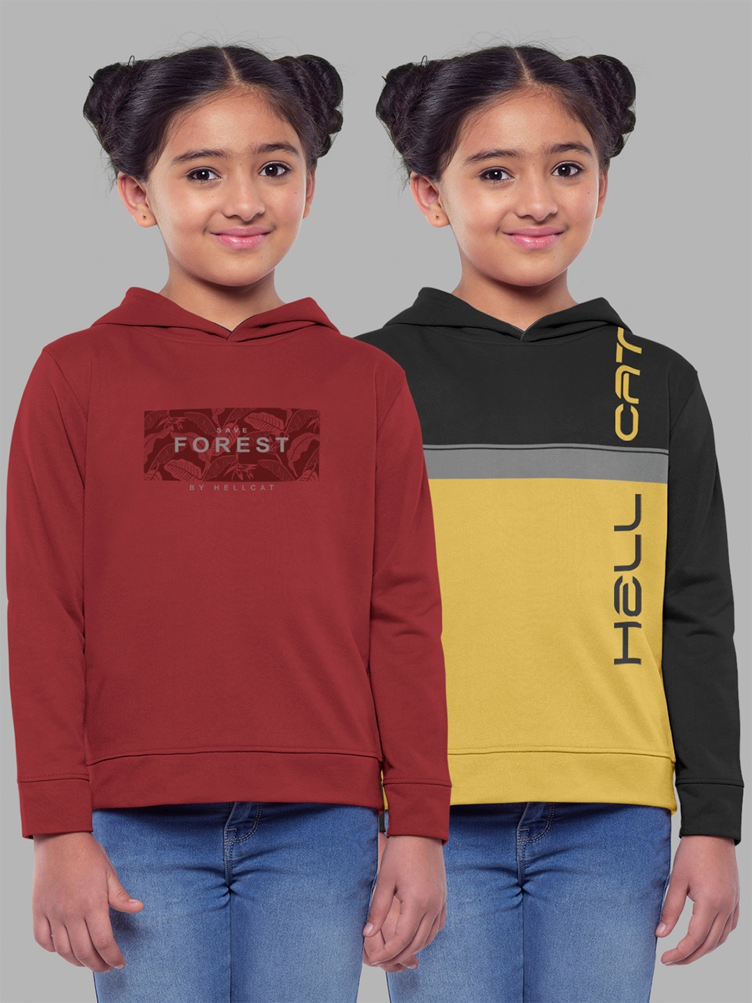 

HELLCAT Girls Pack Of 2 Printed Hooded Cotton Sweatshirt, Charcoal