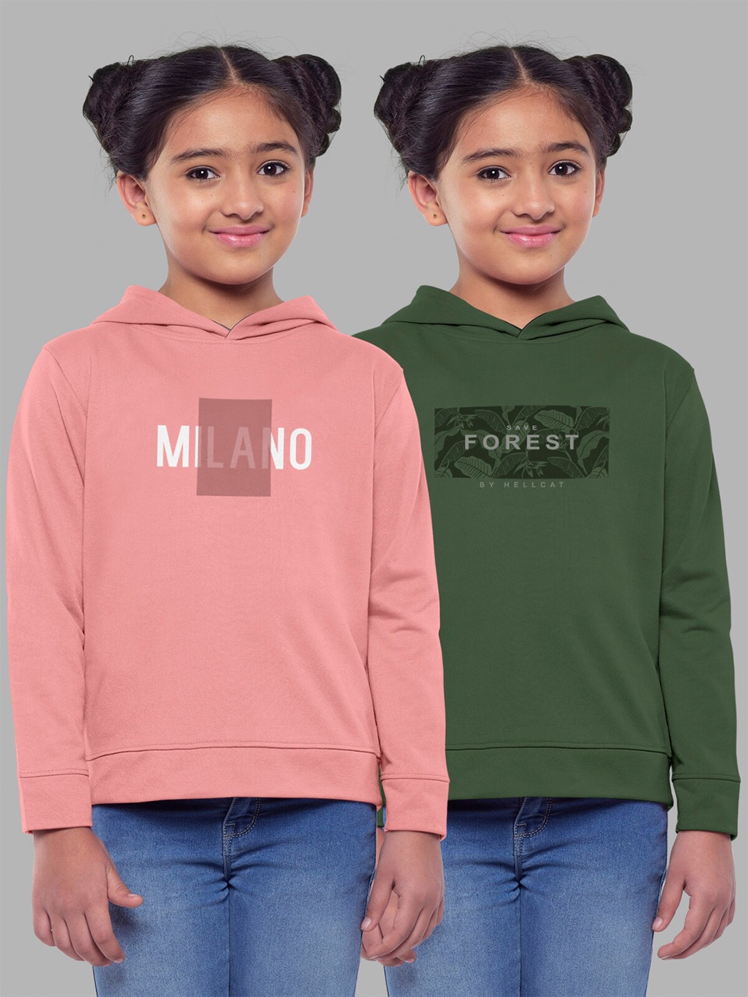 

HELLCAT Girls Pack Of 2 Printed Hooded Cotton Sweatshirt, Pink