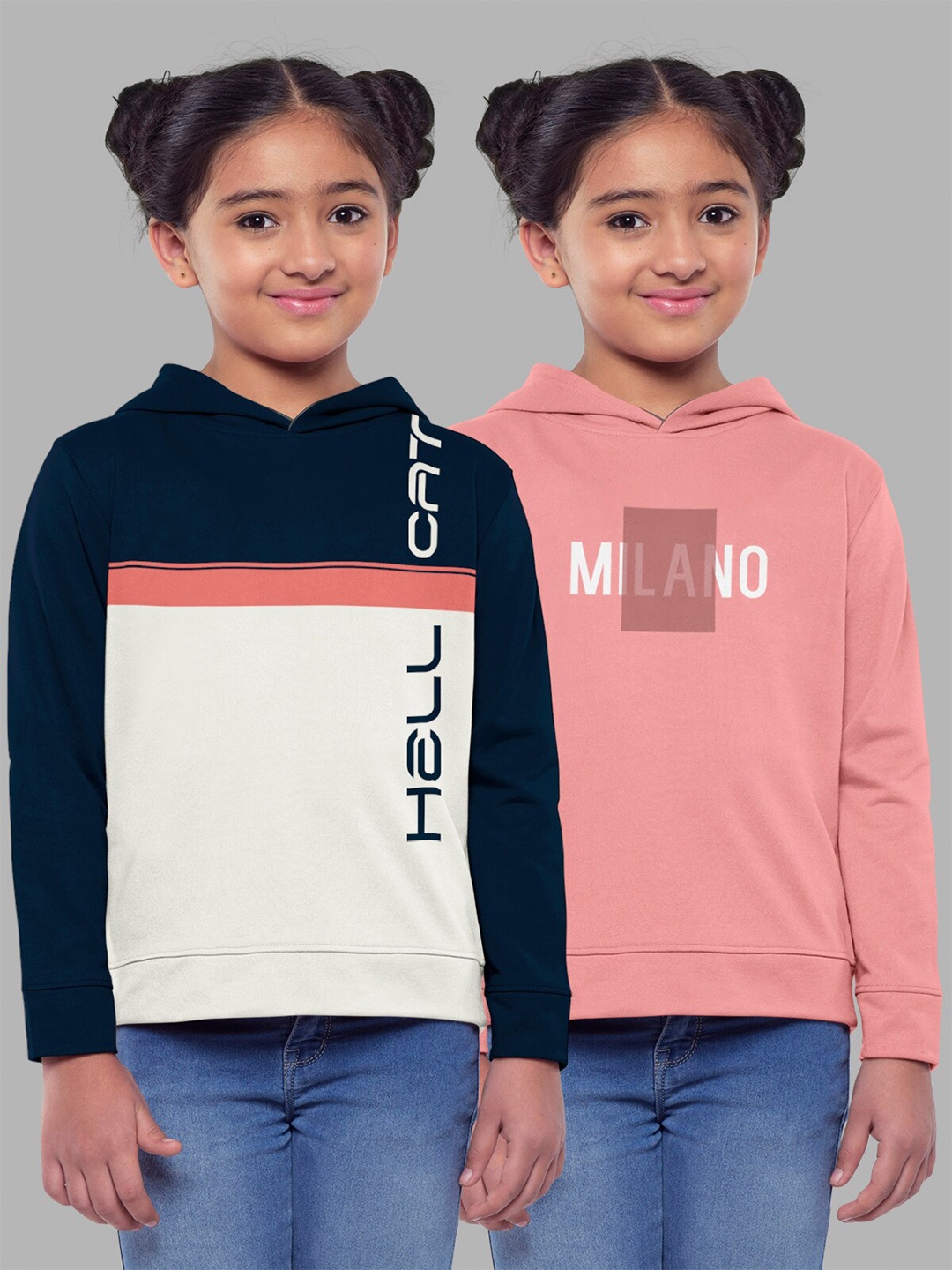 

HELLCAT Girls Pack Of 2 Printed Hooded Cotton Sweatshirt, Pink