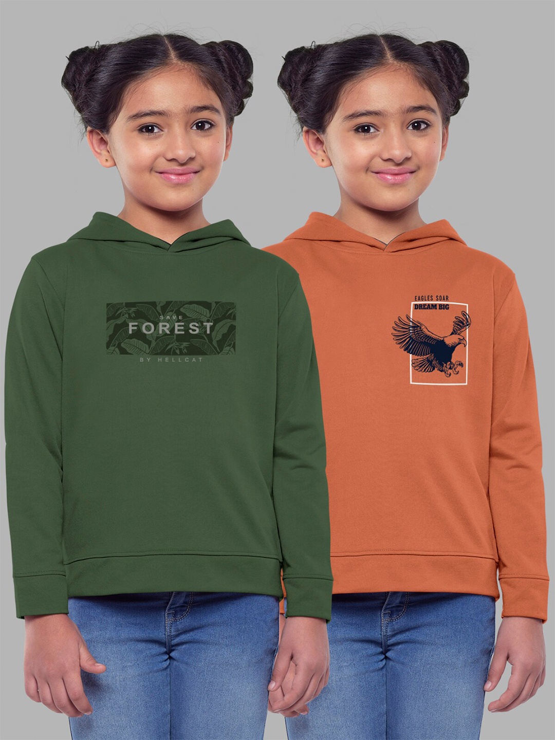 

HELLCAT Girls Pack of 2 Printed Hooded Cotton Sweatshirt, Orange