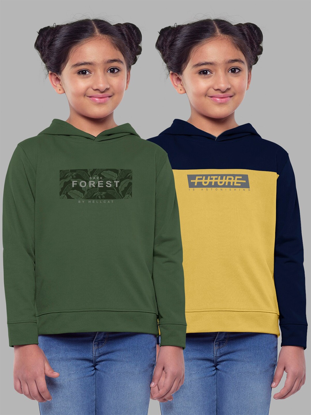 

HELLCAT Girls Pack of 2 Printed Hooded Cotton Sweatshirt, Olive